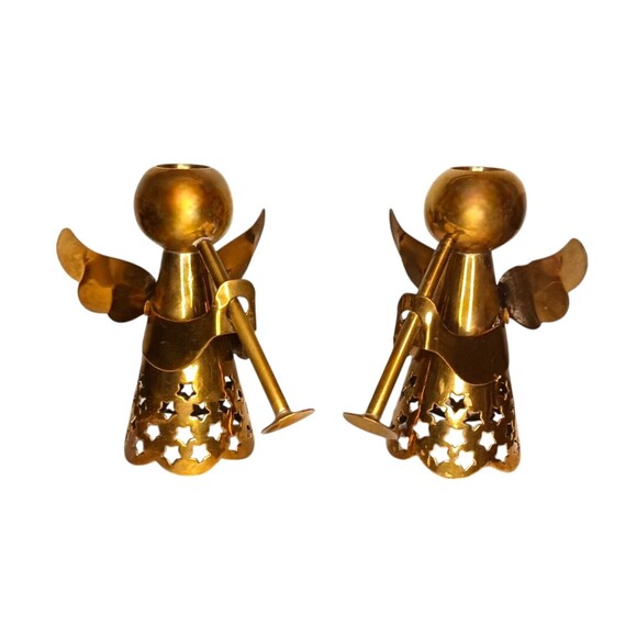 VTG SET OF 2 Solid Brass Taper Candle Stick Holders Cherubs Angels Horn Players - Picture 1 of 5